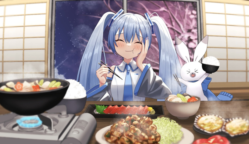 >_<, 1girl, apple, apple_rabbit, bare_shoulders, bare_tree, blue_hair, blue_nails