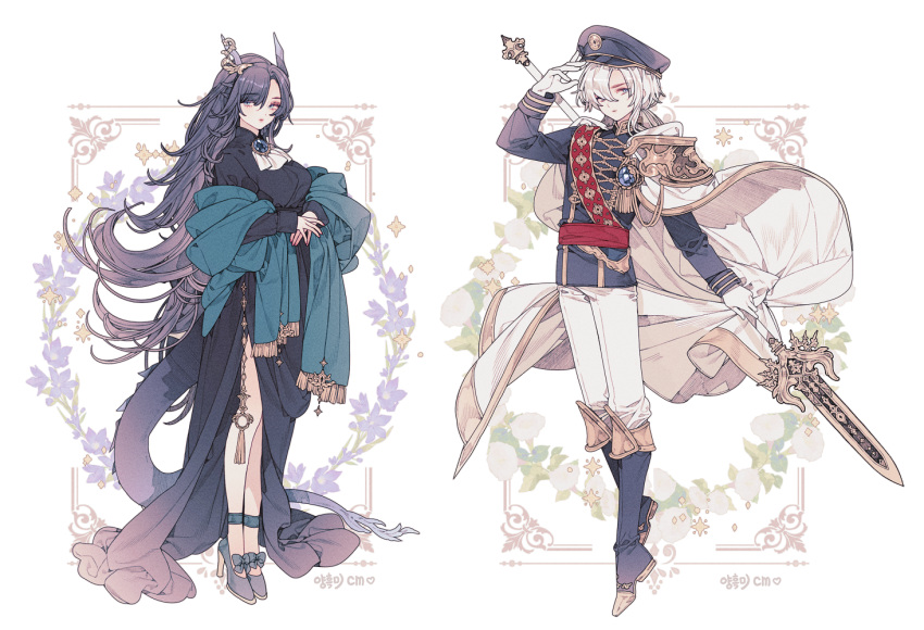 2girls, androgynous, aqua_shawl, armor, black_dress, blue_brooch, blue_eyes, blue_flower