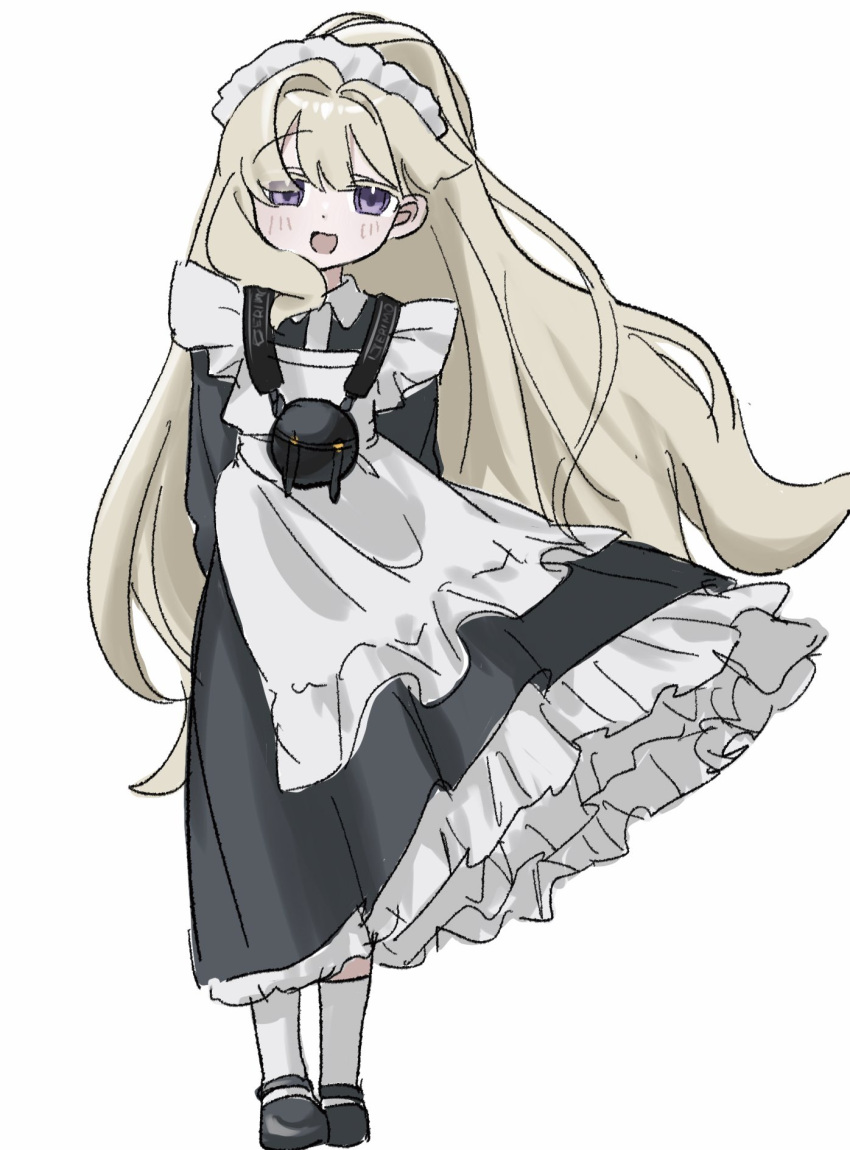 1girl, apron, arms_behind_back, black_dress, black_footwear, blonde_hair, blush, dress