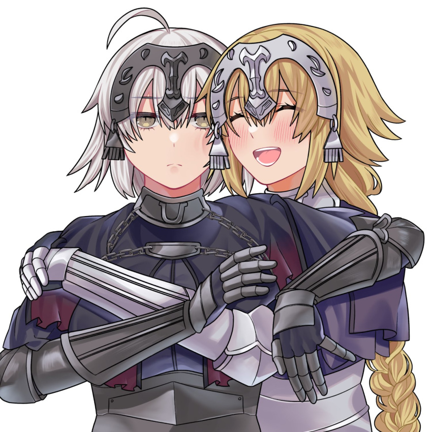 2girls, ahoge, akio_(akio1124), armor, armored_dress, blonde_hair, braid, chain
