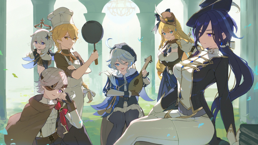 2boys, 4girls, aether_(genshin_impact), apron, arm_support, black_beret, blonde_hair, blue_eyes