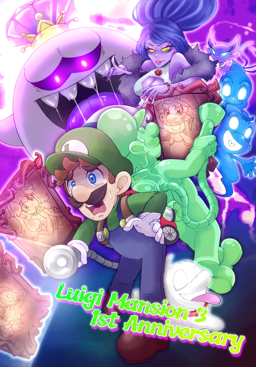 3girls, 4boys, boo_(mario), brown_hair, crown, dress, facial_hair, ghost