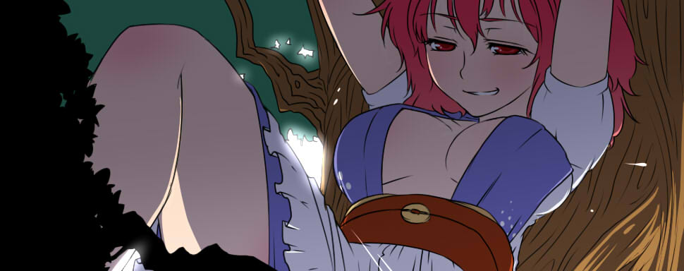 arms_up, breasts, cleavage, coin, grin, herio, in_tree, no_bra