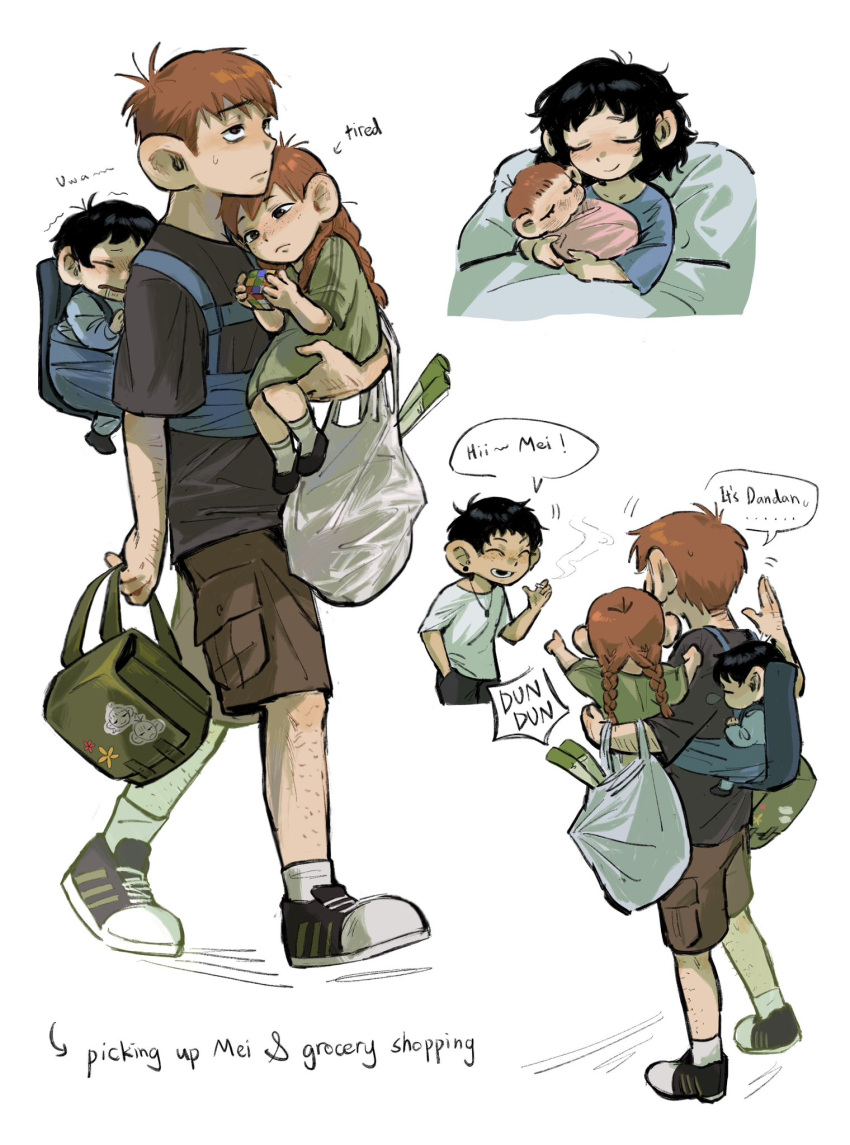 2boys, 3girls, baby_carrier, backpack, bag, black_shirt, blue_shirt, braid