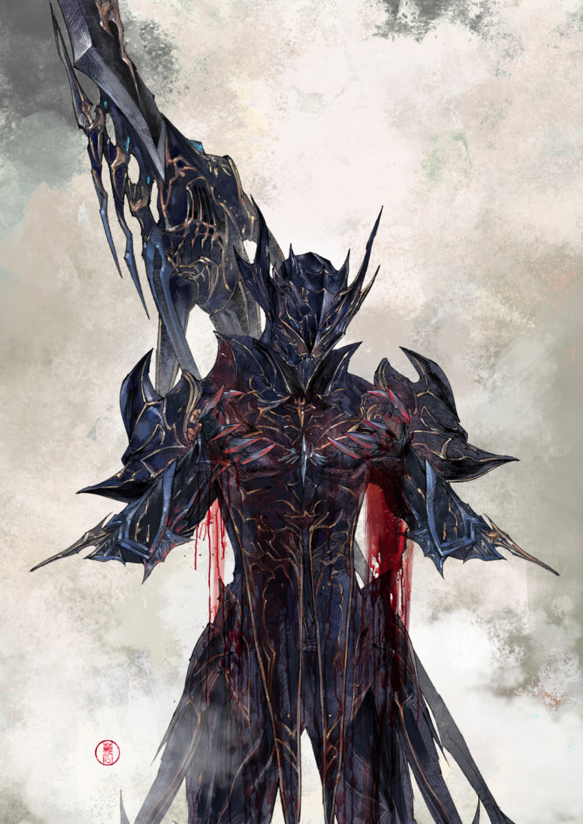 1boy, armor, blood, blood_on_hands, breastplate, covered_face, cowboy_shot, dragoon_(final_fantasy)
