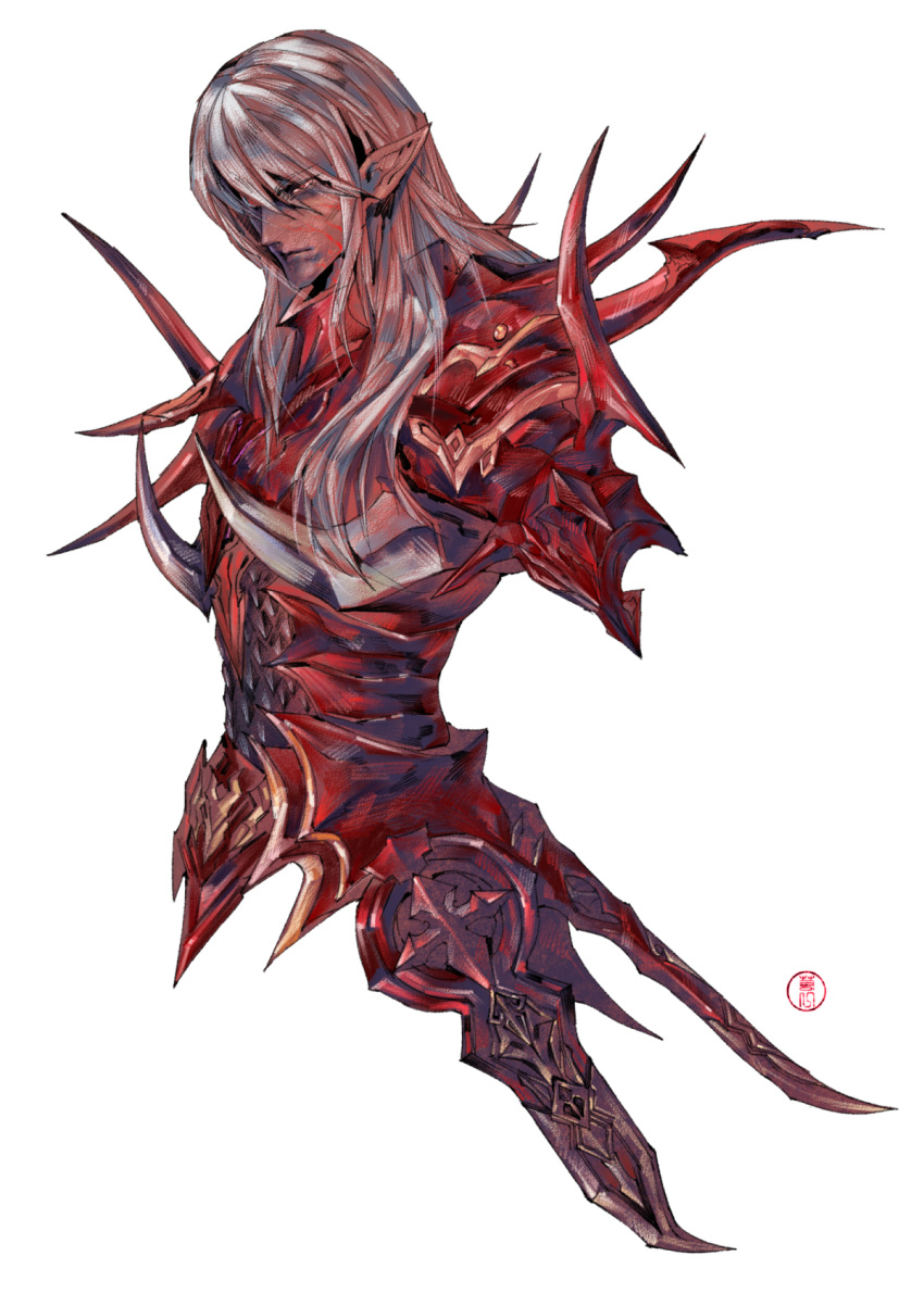 1boy, armor, artist_name, breastplate, cropped_torso, dragoon_(final_fantasy), elezen, elf
