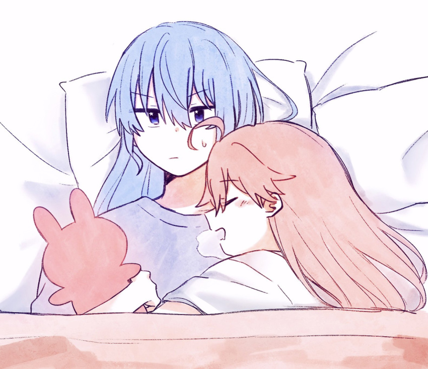 2girls, ahoge, blue_eyes, blue_hair, blue_shirt, blush, closed_mouth, cuddling