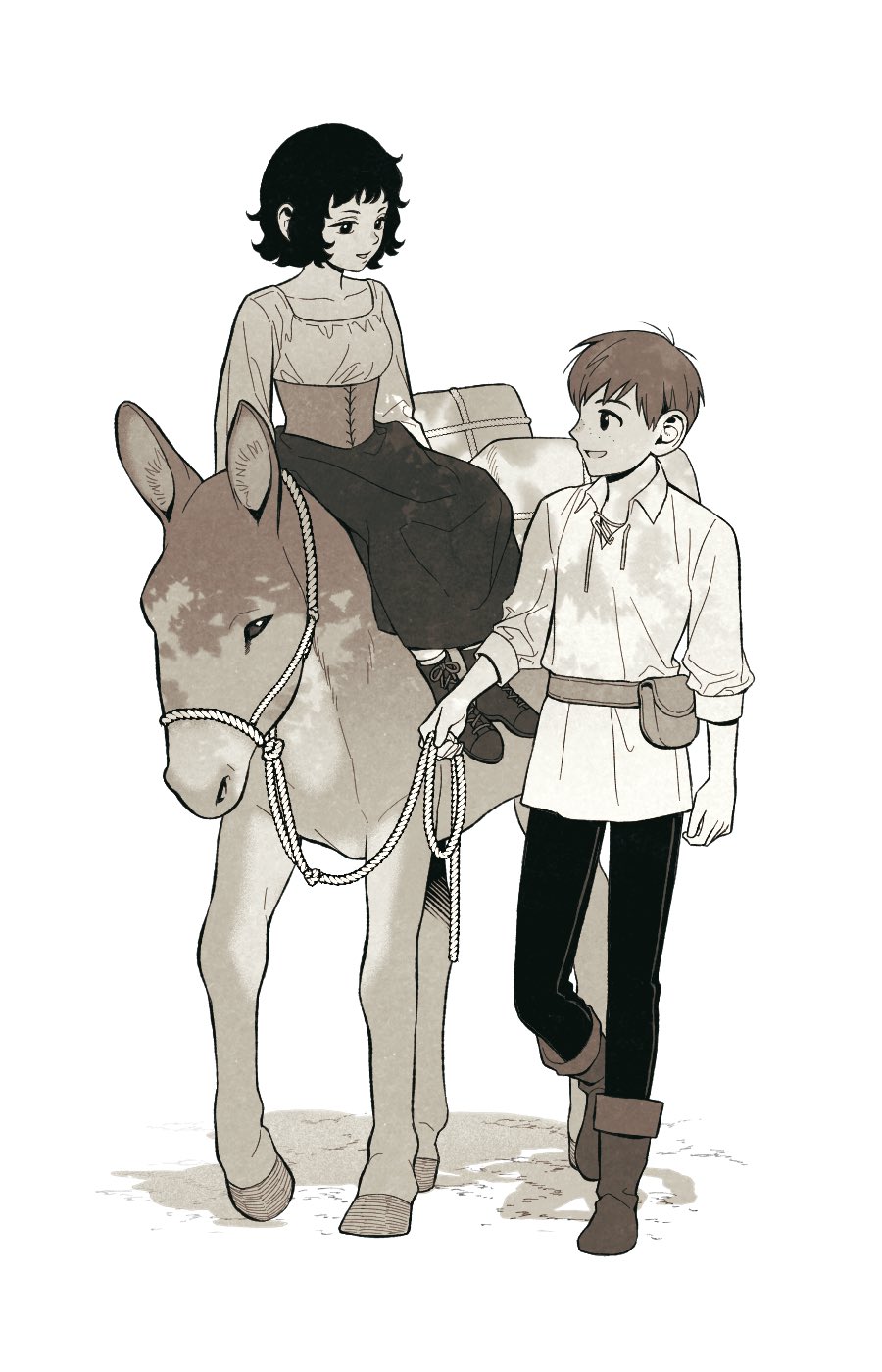 1boy, 1girl, belt_pouch, black_hair, boots, brown_hair, chilchuck's_wife, chilchuck_tims