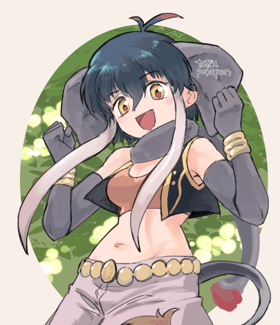 1girl, animal_ears, blush, borneo_elephant_(kemono_friends), brown_shirt, cowboy_shot, crop_top, elbow_gloves