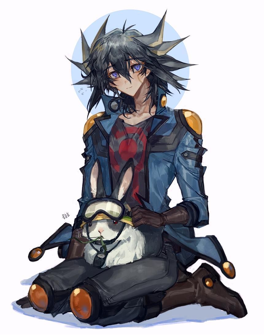 1boy, 1other, animal, black_hair, black_pants, black_shirt, blue_eyes, blue_jacket