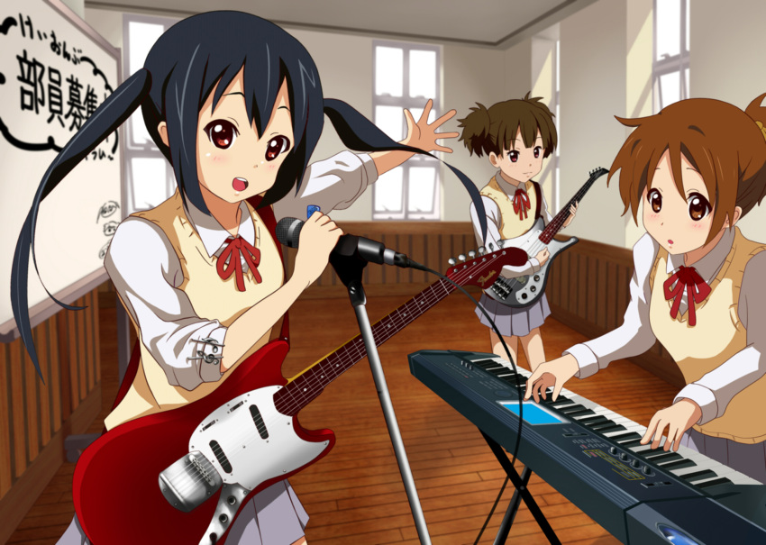 band, bass_guitar, black_hair, brown_eyes, brown_hair, electric_guitar, guitar, highres