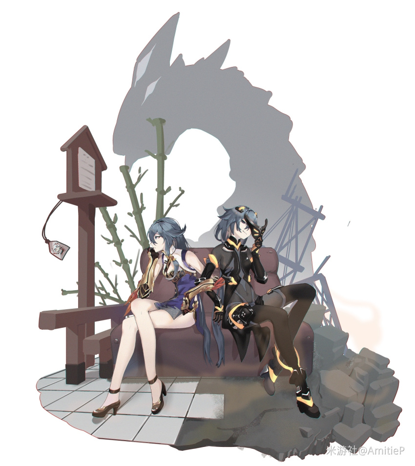 2girls, bamboo, bare_shoulders, black_bodysuit, black_gloves, black_hair, blue_dress, blue_eyes