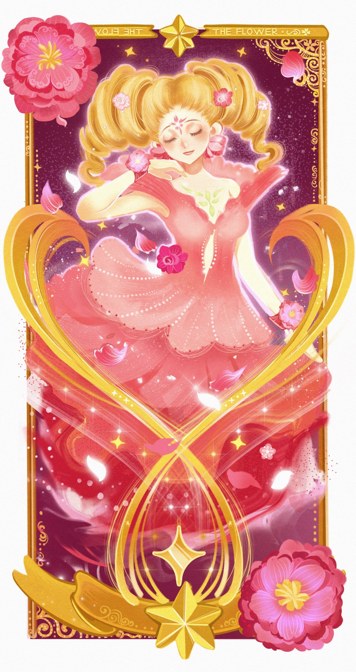1girl, bare_arms, bare_shoulders, blonde_hair, border, bracelet, card_(medium), cardcaptor_sakura