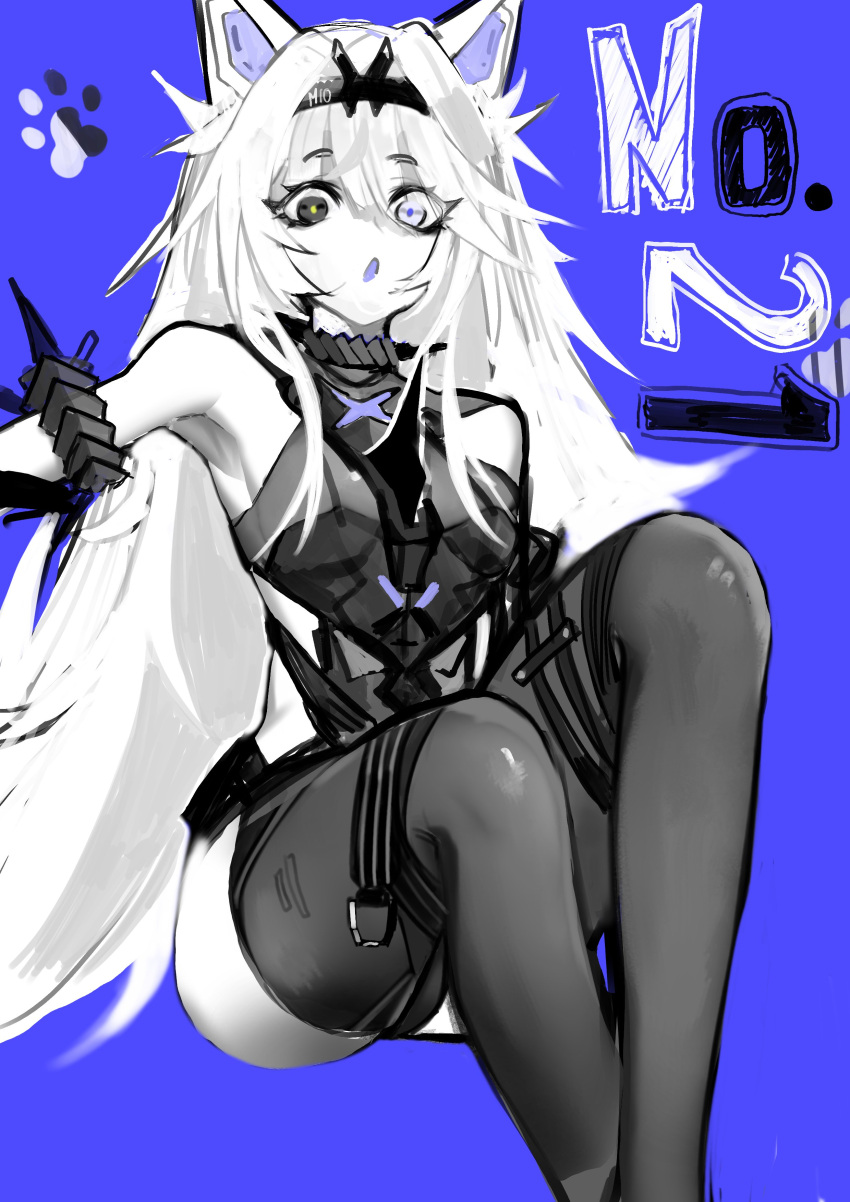 1girl, absurdres, animal_ears, armlet, backless_bodysuit, black_bodysuit, black_eyes, black_hairband, black_thighhighs, blue_background, bodysuit, character_name, grey_eyes, hair_between_eyes, hair_intakes, hairband, heterochromia, highres, long_hair, mechanical_ears, mi0_nee, no.21:_feral_scent_(punishing:_gray_raven), no.21_(punishing:_gray_raven), open_mouth, punishing:_gray_raven, sidelocks, sleeveless, sleeveless_bodysuit, solo, thigh-highs, very_long_hair, white_hair, wolf_ears