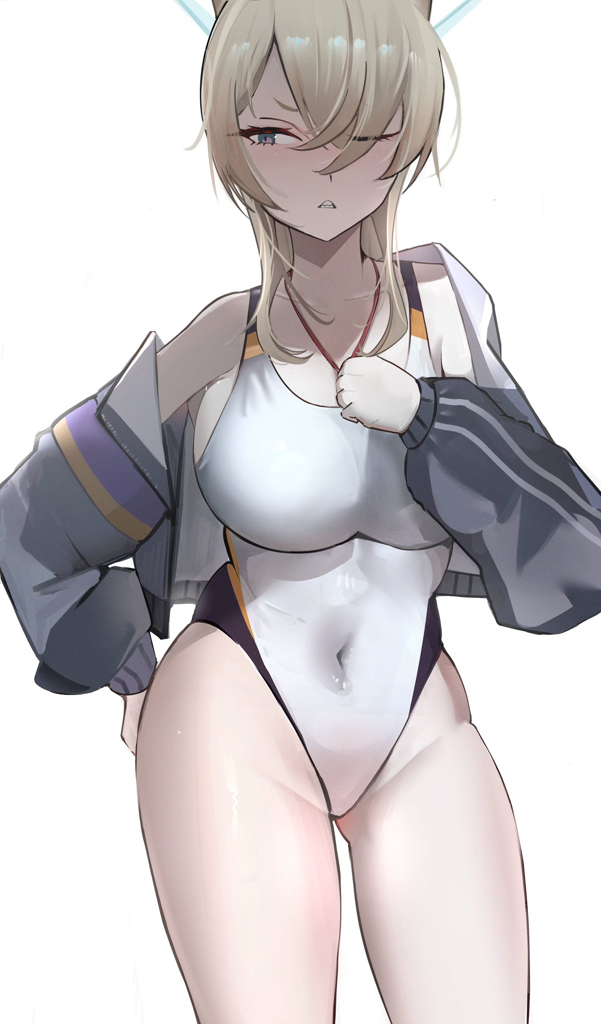 1girl, animal_ears, blue_archive, breasts, cosplay, dog_ears, extra_ears, halo, highres, holding, holding_whistle, kanna_(blue_archive), kanna_(blue_archive)_(cosplay), kanna_(swimsuit)_(blue_archive), noa9noaa, ogata, one-piece_swimsuit, sandals, sports_sandals, swimsuit, whistle