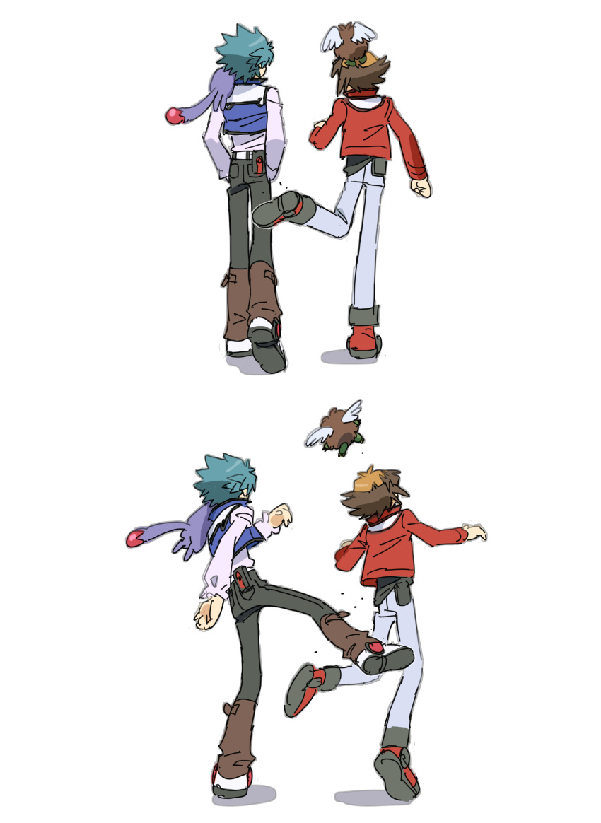 2boys, absurdres, blue_hair, brown_hair, buib_(mekako_chan), chisato_and_takina_kicking_each_other's_butt_(meme), crystal_beast_ruby_carbuncle, duel_academy_uniform_(yu-gi-oh!_gx)