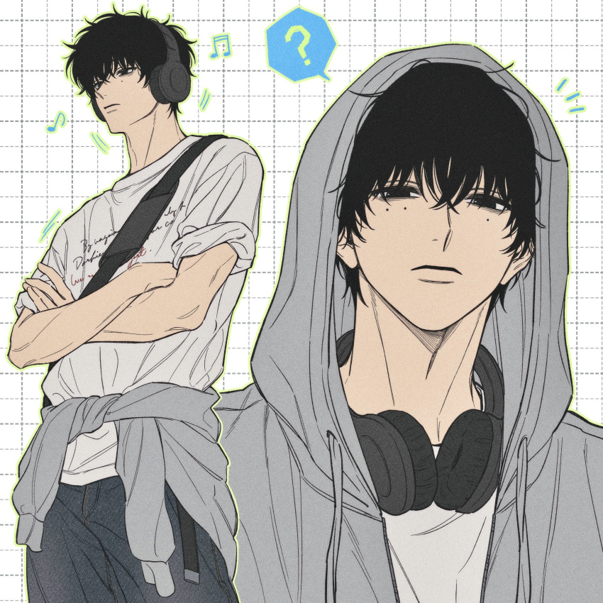 1boy, ?, adam's_apple, black_eyes, black_hair, closed_mouth, clothes_around_waist, cowboy_shot