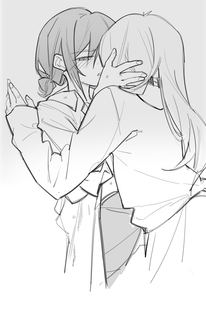 2girls, blush, choker, collared_shirt, commentary, girls_band_cry, greyscale, hand_in_another's_hair