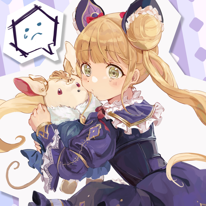 1girl, absurdres, blonde_hair, bow, bowtie, double_bun, dress, frilled_dress