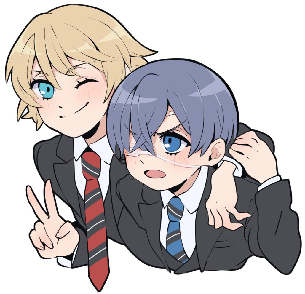 2boys, :o, alois_trancy, aqua_eyes, black_jacket, blonde_hair, blue_eyes, blue_hair