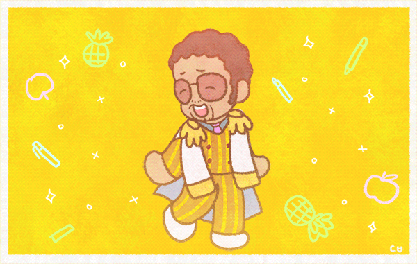 1boy, animated, animated_gif, apple, beard_stubble, borsalino_(kizaru), chibi, closed_eyes, coat, coat_on_shoulders, commentary, cosplay, dancing, epaulettes, facial_hair, food, fruit, male_focus, one_piece, open_mouth, pen, pikaole, pikotarou, pikotarou_(cosplay), pineapple, short_hair, sideburns, solo, sparkle, stubble, sunglasses, symbol-only_commentary, vertical-striped_suit, yellow_background