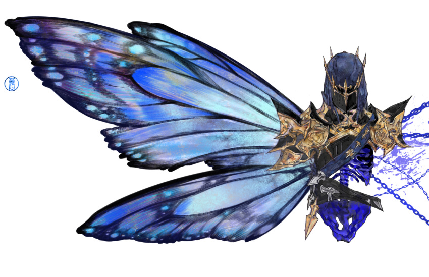1other, ambiguous_gender, armor, blue_wings, bone, breastplate, butterfly_wings, chain