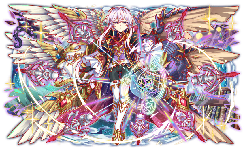 1girl, ascot, asymmetrical_wings, belt, black_coat, black_collar, black_pants, blue_eyes