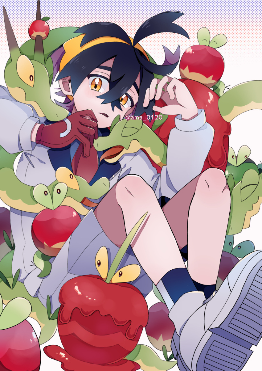 1boy, ahoge, amane_(ama_yzk00), applin, black_hair, commentary_request, crossed_bangs, dipplin, gloves, hair_between_eyes, hairband, highres, hydrapple, jacket, kieran_(pokemon), knees, long_sleeves, looking_at_viewer, male_focus, necktie, open_mouth, orange_eyes, pokemon, pokemon_(creature), pokemon_sv, red_necktie, shirt, shoes, short_hair, shorts, single_glove, socks, yellow_hairband