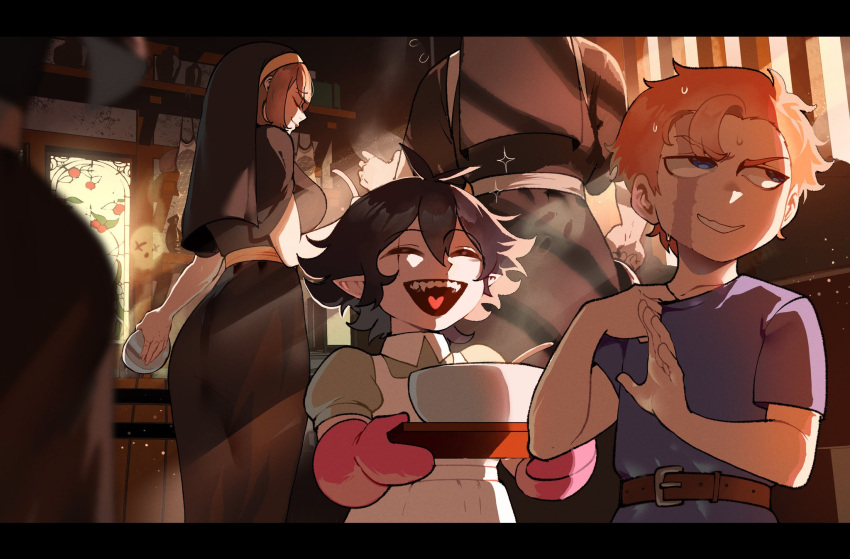 1boy, 4girls, ^_^, aged_down, bad_food, belt, belt_buckle, bloodlight_(nyantcha)