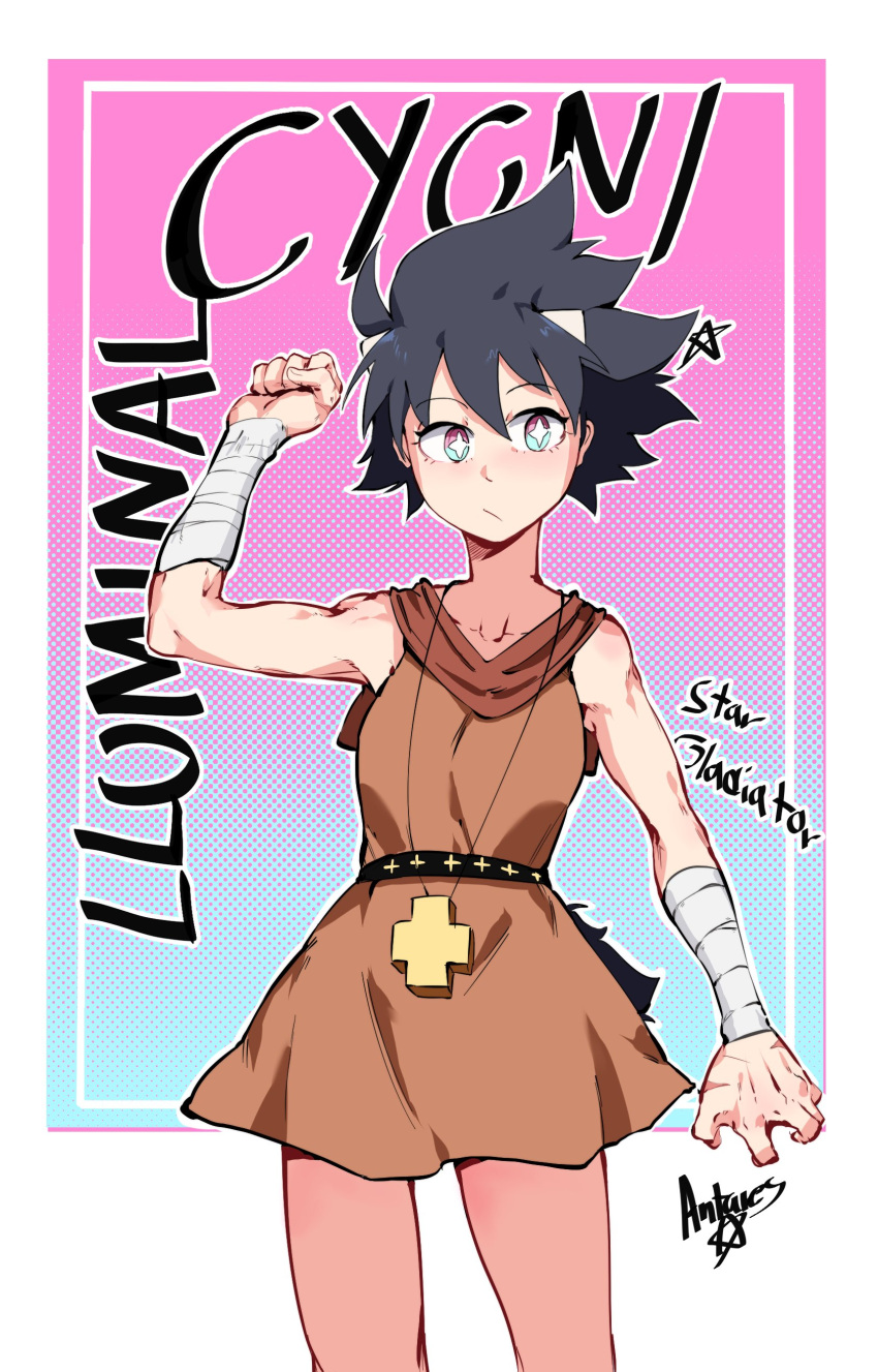 1girl, :/, absurdres, antares_topaz, artist_name, bandaged_arm, bandages, bare_shoulders