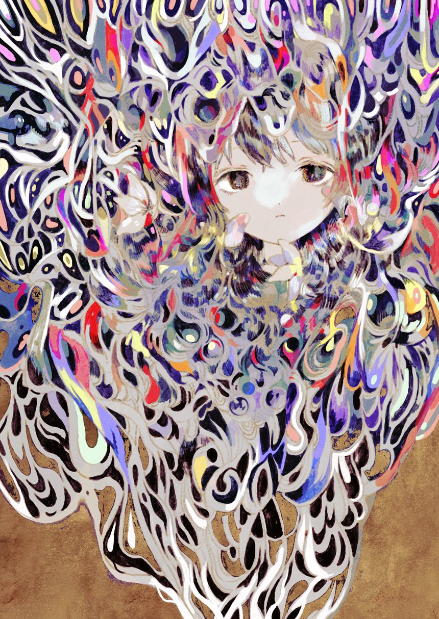 1girl, abstract, black_eyes, closed_mouth, commentary, flower, highres, looking_at_viewer