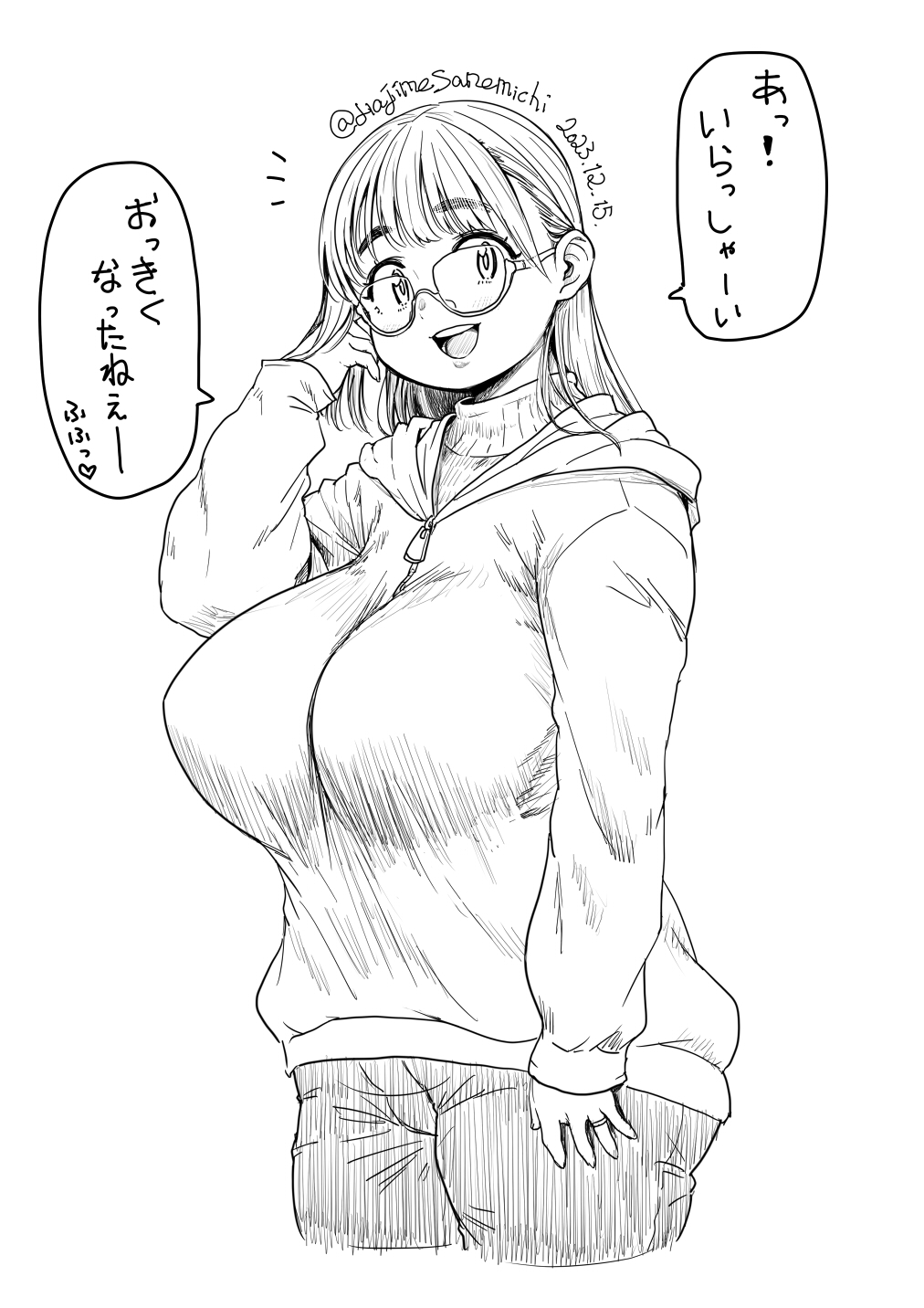 1girl, arm_at_side, arm_up, artist_name, breasts, dated, glasses, heart