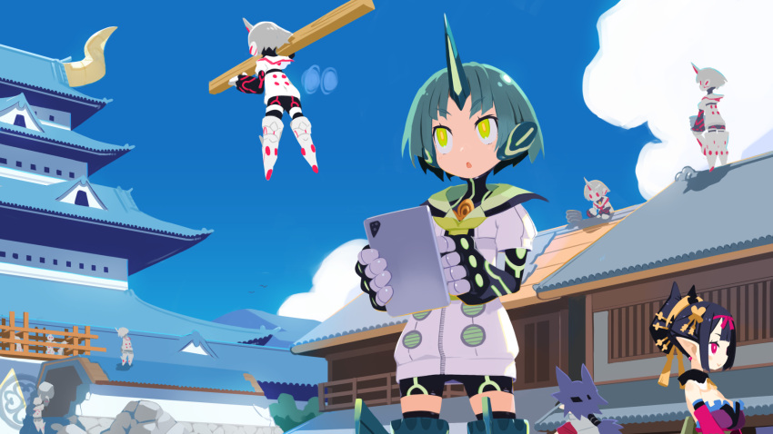 1girl, 2boys, 6+others, android, bandit_(disgaea), black_hair, blue_sky, castle, child, demon_boy, demon_girl, disgaea, green_eyes, green_hair, harada_takehito, highres, horns, maiko_(disgaea), makai_senki_disgaea_7, multiple_boys, multiple_others, netherworld_(disgaea), official_art, pointy_ears, red_eyes, short_hair, sidelocks, single_horn, sky, suisen_(disgaea), thigh-highs