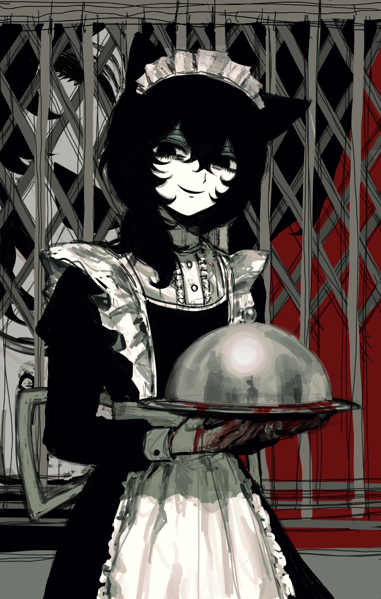 2girls, animal_ears, apron, behind_another, blood, blood_on_hands, cat_ears, center_frills