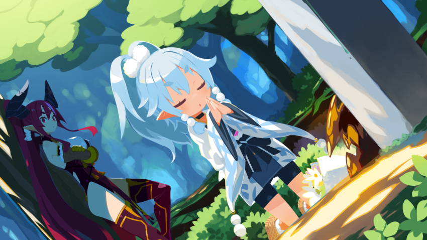 2girls, ao_(disgaea), blue_hair, breasts, closed_eyes, crossed_arms, demon_girl, disgaea, forest, grave, hair_ornament, harada_takehito, higan_zesshousai, highres, horns, japanese_clothes, light_blue_hair, long_hair, makai_senki_disgaea_7, multiple_girls, nature, official_art, pointy_ears, ponytail, praying, red_eyes, redhead, tree