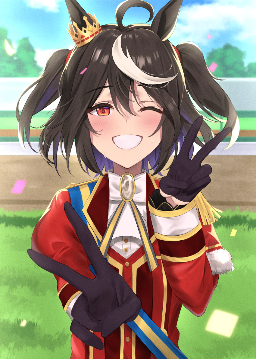 1girl, absurdres, ahoge, animal_ears, ascot, black_gloves, black_hair, blush