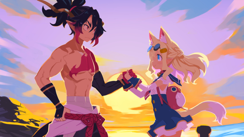 1boy, 1girl, animal_ears, black_hair, blonde_hair, blue_eyes, clouds, demon_boy