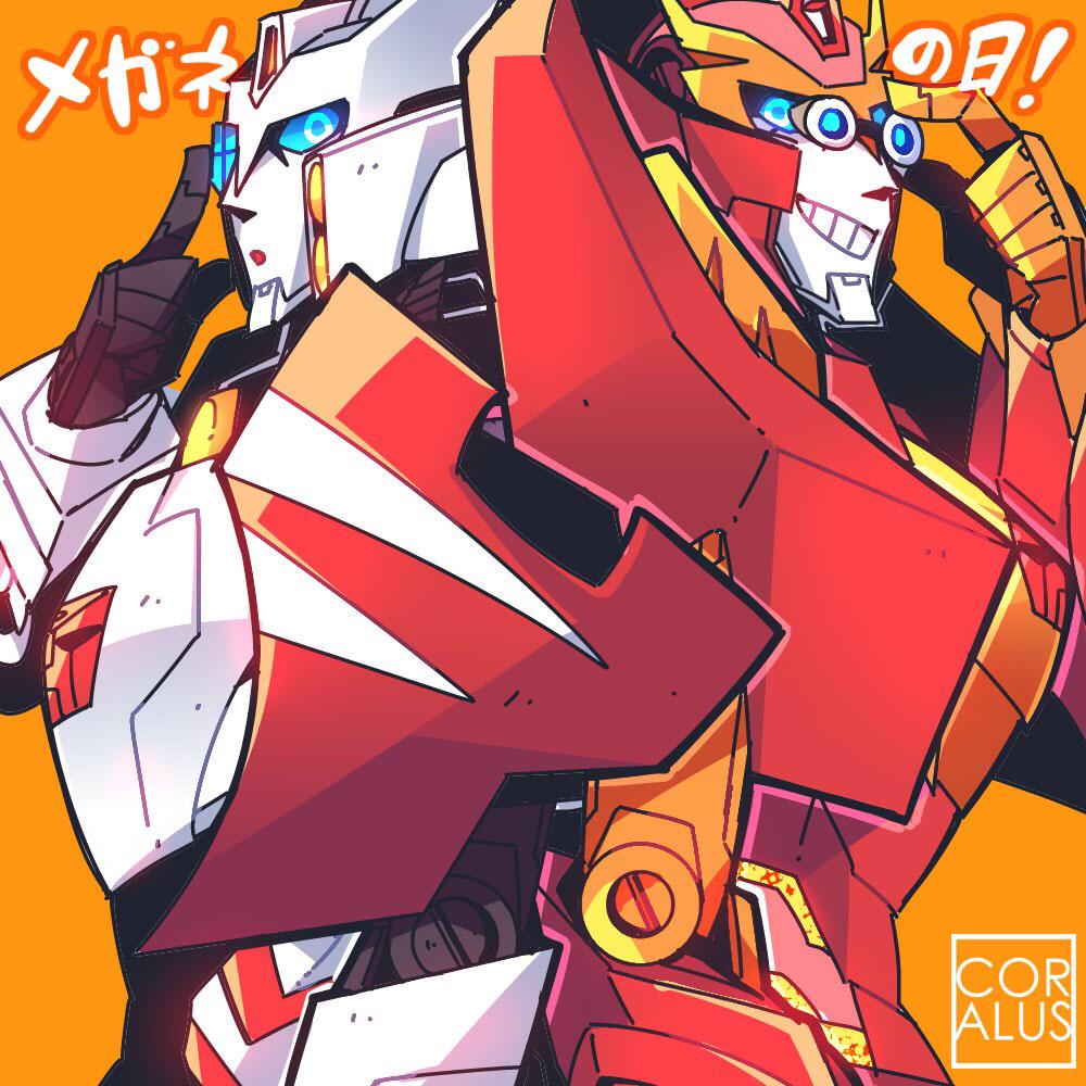 2boys, armor, autobot, blue_eyes, coralus, drift_(transformers), glasses, helmet