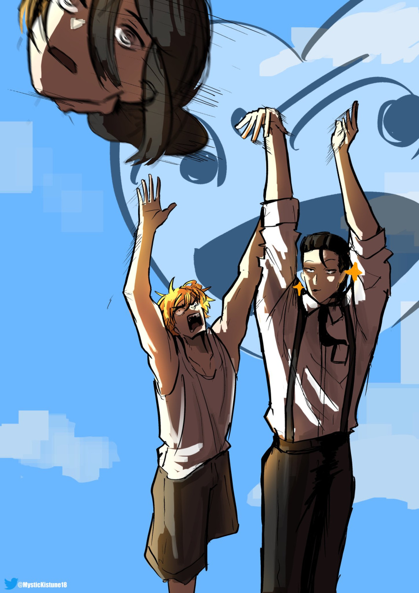 1girl, 2boys, angry, barem_(chainsaw_man), basketball, black_hair, blonde_hair, blue_sky, chainsaw_man, collared_shirt, decapitation, denji_(chainsaw_man), hair_slicked_back, highres, multiple_boys, mystickistune18, nayuta_(chainsaw_man), necktie, outdoors, severed_head, shirt, sky, sleeveless, sleeveless_shirt, spoilers, suspenders, throwing, twitter_username