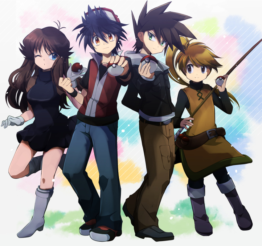 2boys, 2girls, ahoge, ayateaori, belt, black_dress, black_footwear, black_hair, black_jacket, black_shirt, blonde_hair, blue_eyes, blue_oak, boots, brown_hair, brown_pants, denim, dress, full_body, gloves, green_(pokemon), green_eyes, grey_eyes, hat, highres, holding, holding_poke_ball, jacket, jeans, light_smile, long_hair, looking_at_viewer, multicolored_background, multiple_boys, multiple_girls, one_eye_closed, pants, poke_ball, poke_ball_(basic), pokemon, pokemon_adventures, ponytail, red_(pokemon), red_eyes, red_footwear, red_hat, red_shirt, shirt, sleeveless, sleeveless_dress, spiky_hair, standing, standing_on_one_leg, tunic, turtleneck, turtleneck_shirt, white_footwear, white_gloves, wristband, yellow_(pokemon), yellow_tunic