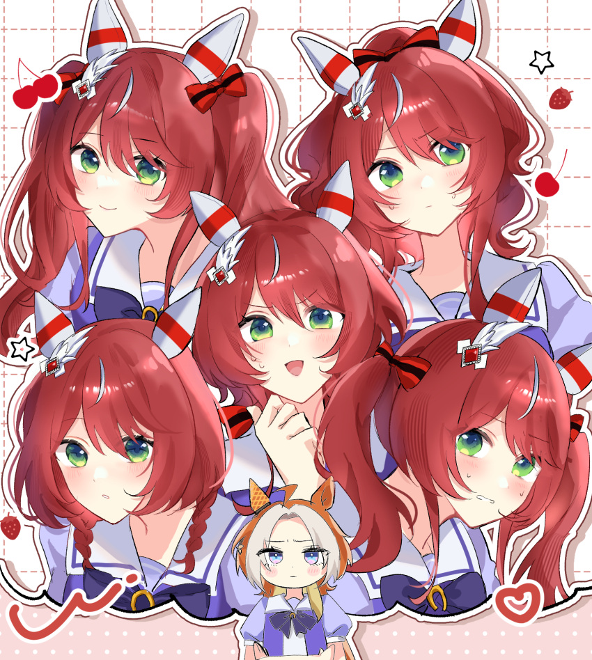 2girls, ahoge, alternate_hairstyle, animal_ears, blush, blush_stickers, bow, brown_hair