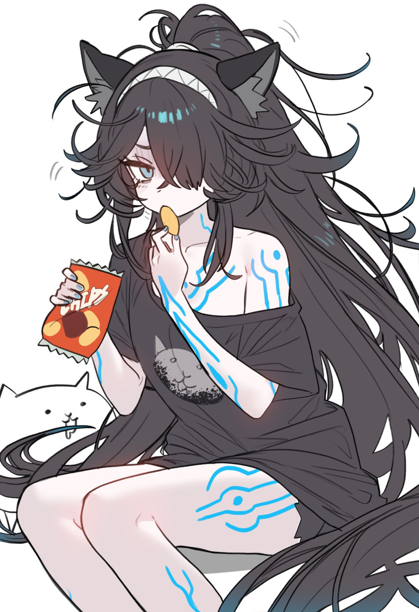1girl, absurdly_long_hair, animal_ears, bag_of_chips, black_hair, black_shirt, blue_eyes, body_markings