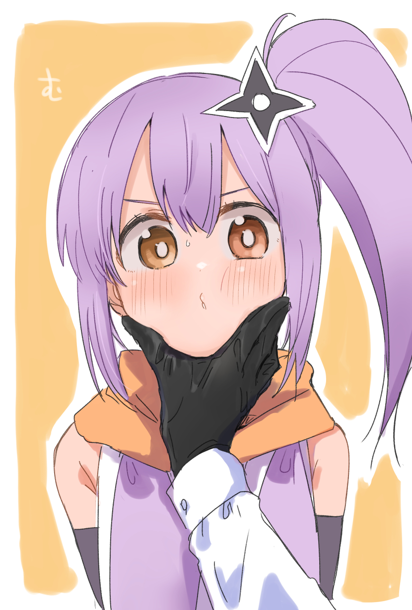 2girls, black_gloves, blush, border, cheek_squash, commentary_request, gloves, grabbing_another's_face