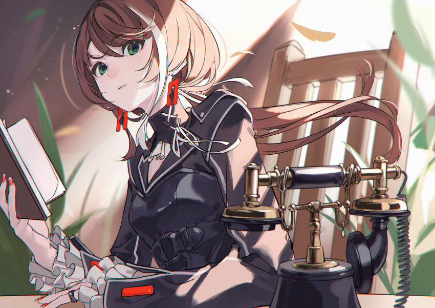 1girl, absurdres, antique_phone, ascot, asu_(sinsekai), belt, black_jacket, book