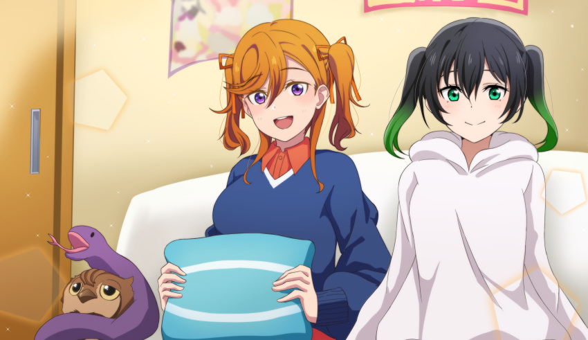 2girls, :d, alternate_breast_size, alternate_hairstyle, bedroom, bird, black_hair, blue_sweater, blush, breasts, collared_shirt, commentary_request, dress_shirt, gradient_hair, green_eyes, green_hair, hair_ribbon, highres, holding, holding_pillow, hood, hoodie, in-franchise_crossover, indoors, korean_commentary, large_breasts, looking_at_viewer, love_live!, love_live!_nijigasaki_high_school_idol_club, love_live!_superstar!!, manmaru_(love_live!), matching_hairstyle, medium_hair, multicolored_hair, multiple_girls, open_mouth, orange_hair, owl, pillow, red_shirt, ribbon, sasuke_(love_live!), shibuya_kanon, shirt, sitting, smile, sweater, takasaki_yuu, twintails, two-tone_hair, two_side_up, violet_eyes, white_hoodie, yumel_lot