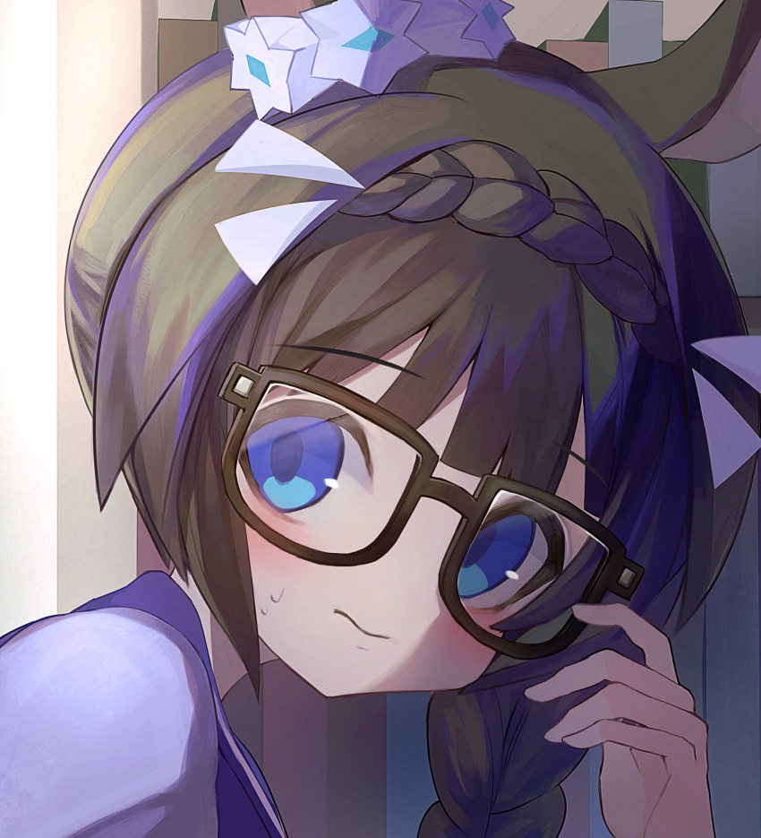 1girl, animal_ears, black-framed_eyewear, black_hair, blue_eyes, blush, braid, braided_ponytail