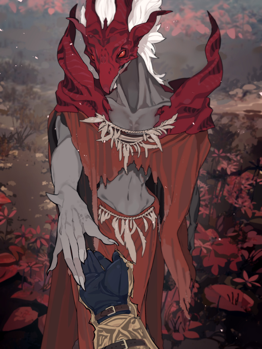 1girl, 1other, black_gloves, cloak, colored_skin, cowboy_shot, dragon_communion_priestess, elden_ring, elden_ring:_shadow_of_the_erdtree, flower, gloves, grass, grey_skin, hand_up, highres, idkuroi, long_hair, looking_at_viewer, outdoors, plant, red_cloak, red_eyes, red_skirt, reptile_girl, skirt, standing, white_hair
