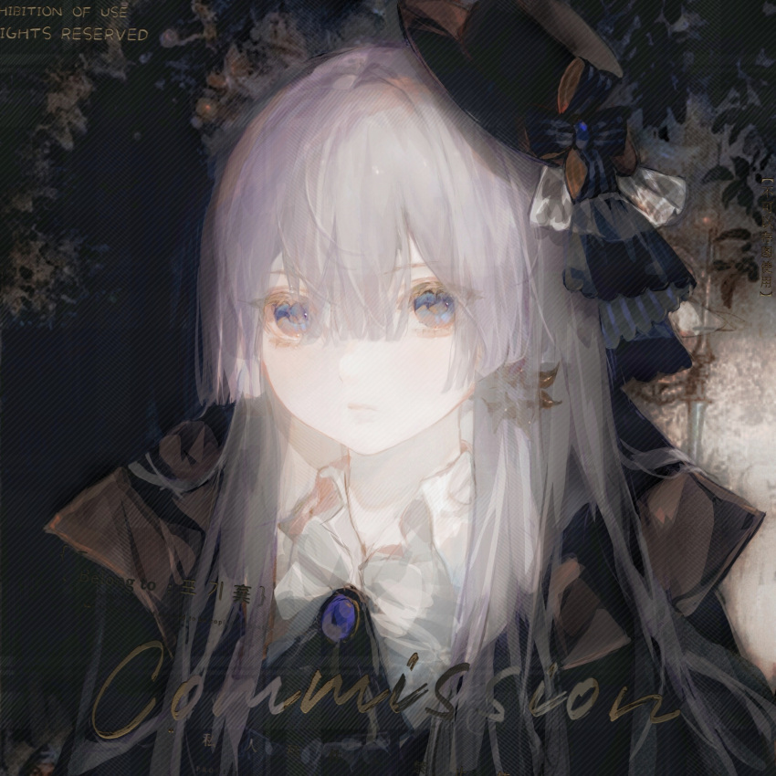 1girl, against_wall, ascot, black_ascot, black_cape, black_hat, blue_bow, blue_brooch