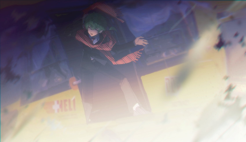 1boy, aircraft, black_jacket, black_pants, collared_shirt, gongbbang, green_hair, helicopter