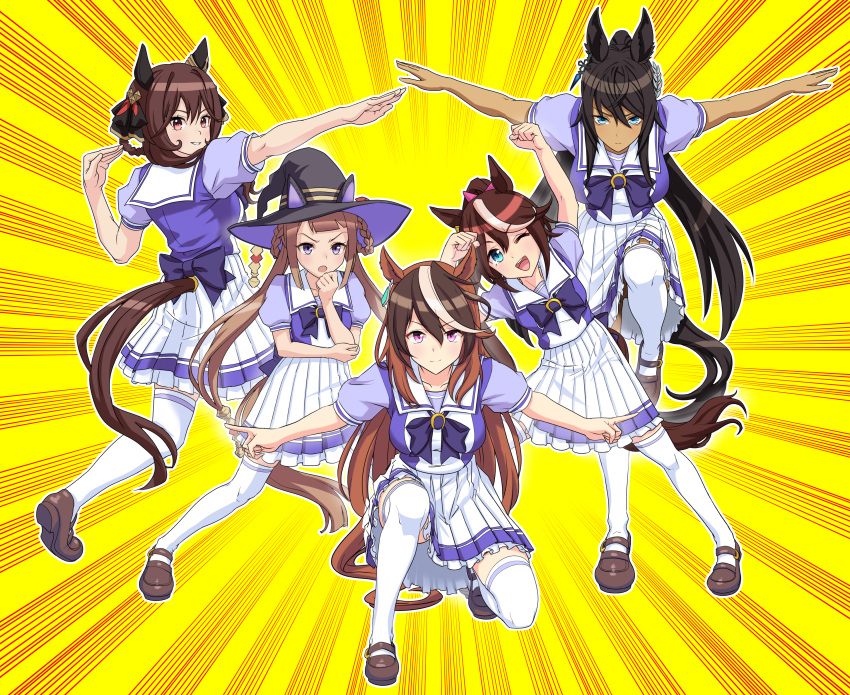 5girls, absurdres, animal_ears, arm_up, black_hair, black_hat, blue_eyes, bow, braided_hair_rings, breasts, brown_footwear, brown_hair, cheesecake_(artist), commentary_request, dragon_ball, ear_covers, ear_ornament, earrings, gentildonna_(umamusume), ginyu_force_pose, hair_between_eyes, hair_ornament, hairclip, hat, highres, horse_ears, horse_girl, horse_tail, jewelry, loafers, long_hair, medium_breasts, multicolored_hair, multiple_girls, on_one_knee, one_eye_closed, open_mouth, outside_border, outstretched_arms, petticoat, pink_bow, pleated_skirt, ponytail, purple_bow, purple_shirt, red_eyes, sailor_collar, school_uniform, shirt, shoes, single_earring, skirt, small_breasts, smile, spread_arms, standing, standing_on_one_leg, streaked_hair, summer_uniform, sweep_tosho_(umamusume), symboli_kris_s_(umamusume), symboli_rudolf_(umamusume), tail, thigh-highs, tokai_teio_(umamusume), tracen_school_uniform, umamusume, v-shaped_eyebrows, very_long_hair, violet_eyes, white_hair, white_skirt, white_thighhighs, witch_hat, yellow_background